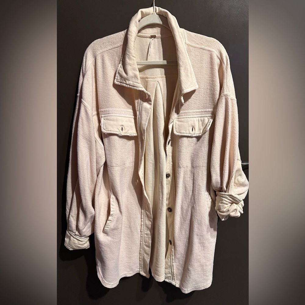 Free People Tan Peach Ruby Utility Shacket Size Medium Oversided Patch Elbows - Picture 3 of 6